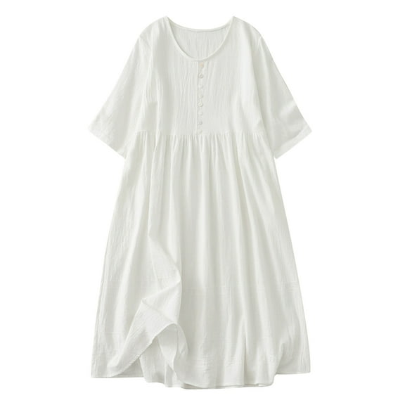 cfhntfmh Cotton Linen Dress for Women 3/4 Sleeve Lounge Shirt Dress Button down Pleated Flowy Midi Dress