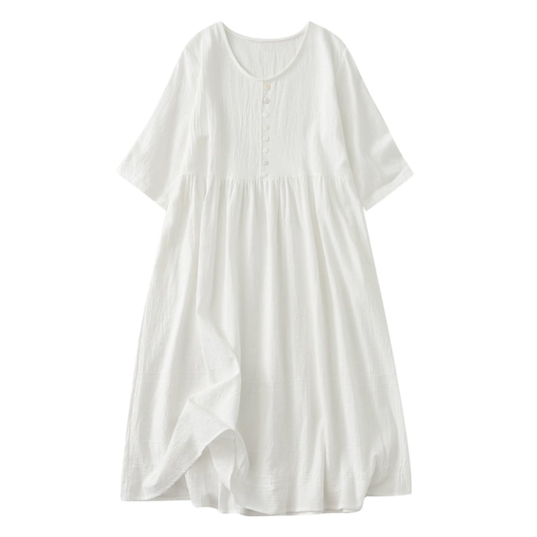 lounge shirt dress cfhntfmh Cotton Linen Dress for Women 3/4 Sleeve Lounge Shirt Dress Button  down Pleated Flowy Midi Dress