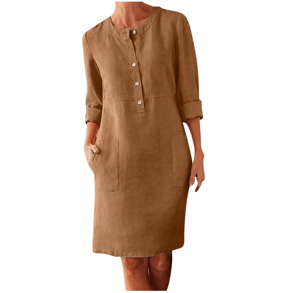 cfhntfmh Cotton Linen Dresses for Women Button down Long Sleeve Dress Plus Size Casual Solid Dress with Pockets