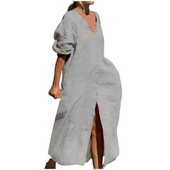 cfhntfmh Cotton Linen Dresses for Women Casual Fall V Neck Long Sleeve Buttons down Shirts Dress Loose Solid Long Maxi Dress
