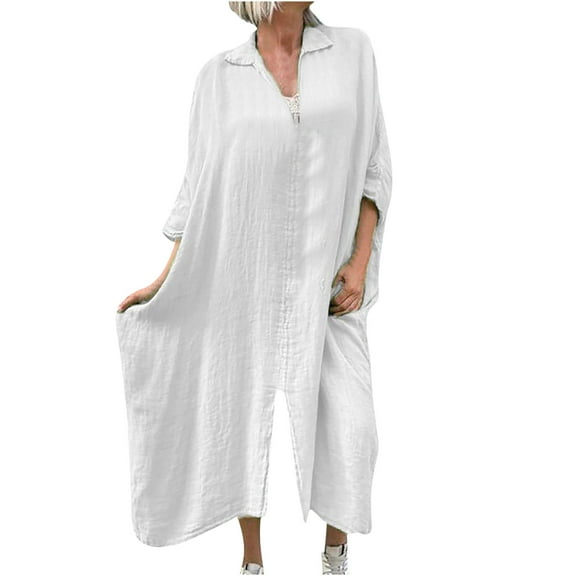 cfhntfmh Cotton Linen Dresses for Women Loose V Neck Collared Long Sleeve Dress Casual Fall Flowy Slit Plus Size Dress