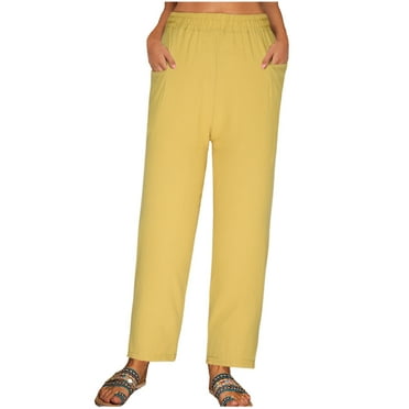 cfhntfmh Cotton Linen Pants for Women Baggy Elastic Waist Lounge Pants Plain 2024 Tapered Trousers with Pocket