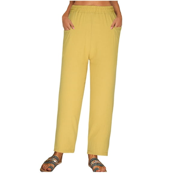 cfhntfmh Cotton Linen Pants for Women Baggy Elastic Waist Lounge Pants Plain Tapered Trousers with Pocket