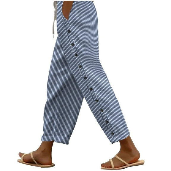 cfhntfmh Cotton Linen Pants for Women Casual Print Elastic Waist Loose Pants Lounge Side Buttons down Trousers with Pockets