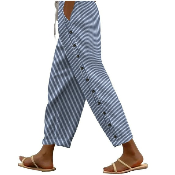 cfhntfmh Cotton Linen Pants for Women Casual Print Elastic Waist Loose Pants Lounge Side Buttons down Trousers with Pockets