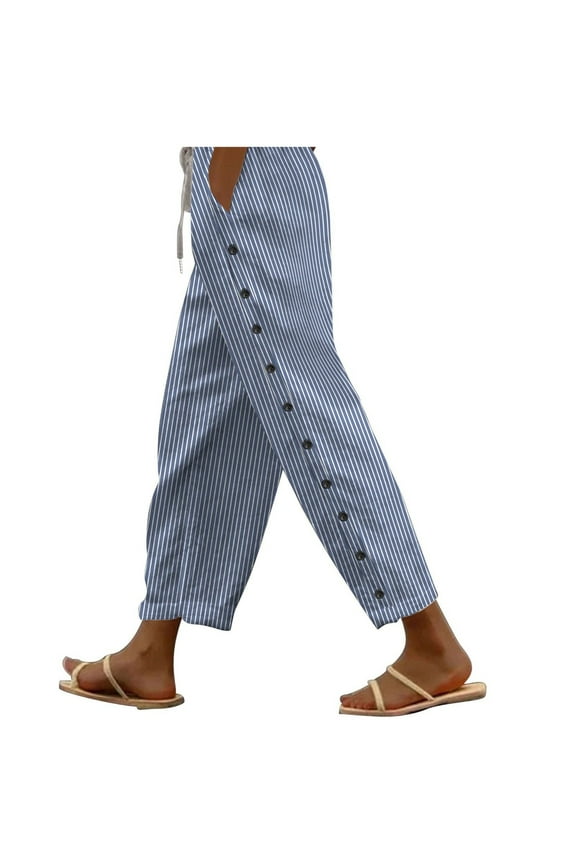 Cotton Linen Pants for Women Casual Print Elastic Waist Loose Pants Lounge Side Buttons down Trousers with Pockets