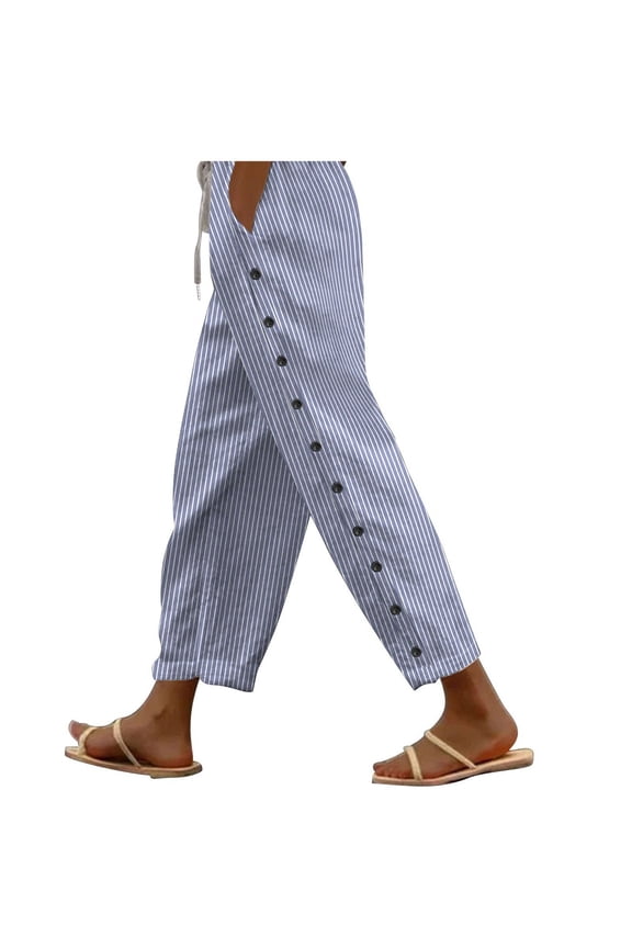 Cotton Linen Pants for Women Casual Print Elastic Waist Loose Pants Lounge Side Buttons down Trousers with Pockets