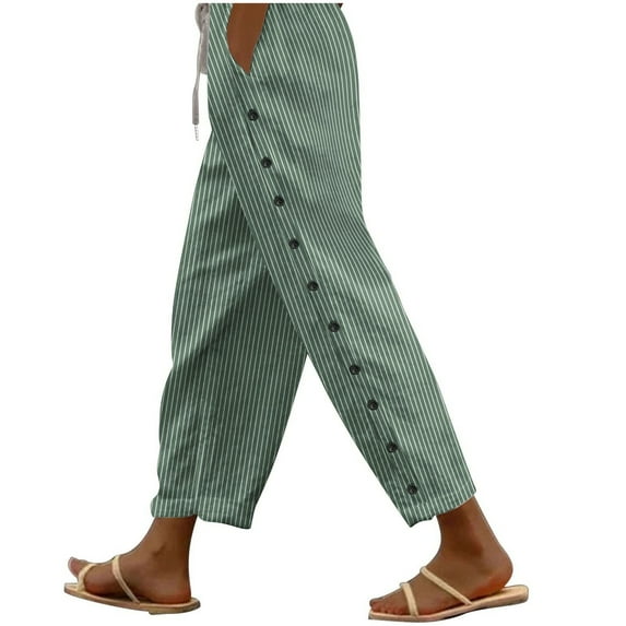 cfhntfmh Cotton Linen Pants for Women Casual Print Elastic Waist Loose Pants Lounge Side Buttons down Trousers with Pockets