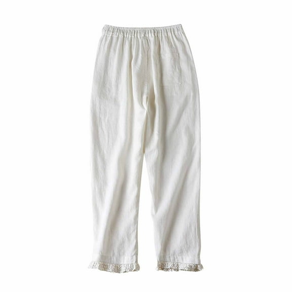 cfhntfmh Cotton Linen Pants for Women Lace Patchwork Elastic Waist Lounge Pants Baggy Wide Leg Trousers with Pockets