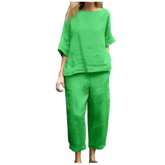 cfhntfmh Cotton Linen Sets for Women Casual 3/4 Sleeve Crewneck Loose Basic Tops Lounge Wide Leg Pants Plus Size Outfits