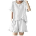 thumbnail image 1 of cfhntfmh Cotton Linen Sets for Women Lace Ruffle Hem Short Sleeve Tops Loose Wide Leg Shorts 2 Piece Casual Outfits, 1 of 6