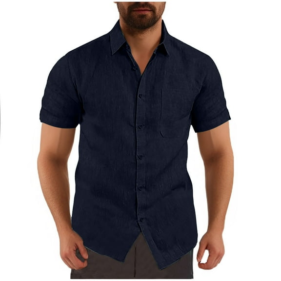 cfhntfmh Cotton Linen Shirts for Men Button down Lightweight Short Sleeve Lapel Shirts Casual Tops with Pocket