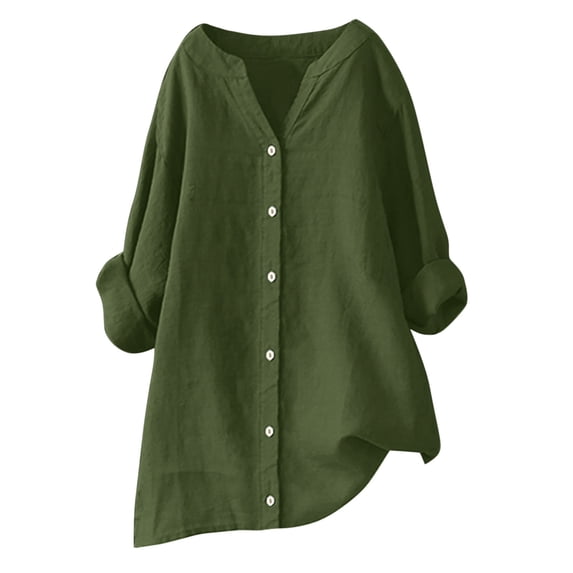 cfhntfmh Cotton Linen Shirts for Women V Neck Long Sleeve Tees Casual Loose Blouse Plus Size Tops for Women