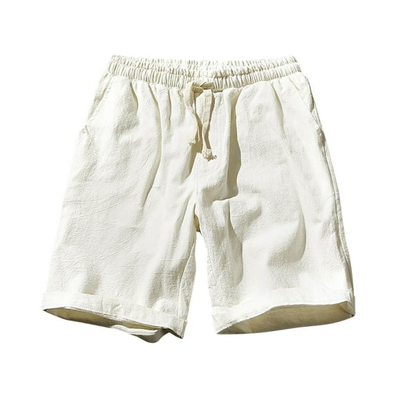 cfhntfmh Cotton Linen Shorts for Men Solid Color Lightweight Shorts Elastic Waist Drawstring Beach Shorts with Pockets