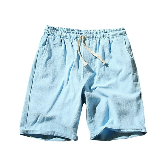 cfhntfmh Cotton Linen Shorts for Men Solid Color Lightweight Shorts Elastic Waist Drawstring Beach Shorts with Pockets