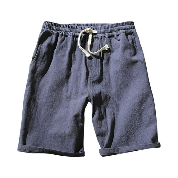 cfhntfmh Cotton Linen Shorts for Men Solid Color Lightweight Shorts Elastic Waist Drawstring Beach Shorts with Pockets