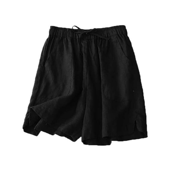 cfhntfmh Cotton Linen Shorts for Women Plain Elastic Waist Short Pants Summer Casual Knee Length Basic Shorts with Pockets