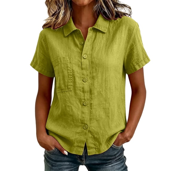 cfhntfmh Cotton Linen Tops for Women Collared V Neck Short Sleeve Shirt with Pockets Casual Button down Summer Work Tops