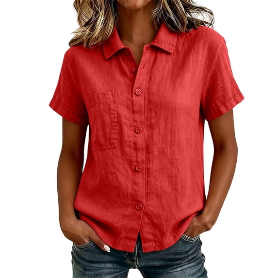 cfhntfmh Cotton Linen Tops for Women Collared V Neck Short Sleeve Shirt with Pockets Casual Button down Summer Work Tops
