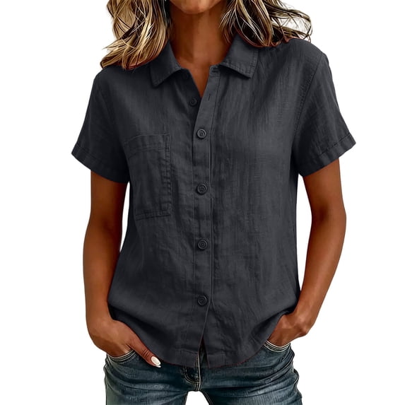 cfhntfmh Cotton Linen Tops for Women Collared V Neck Short Sleeve Shirt with Pockets Casual Button down Summer Work Tops