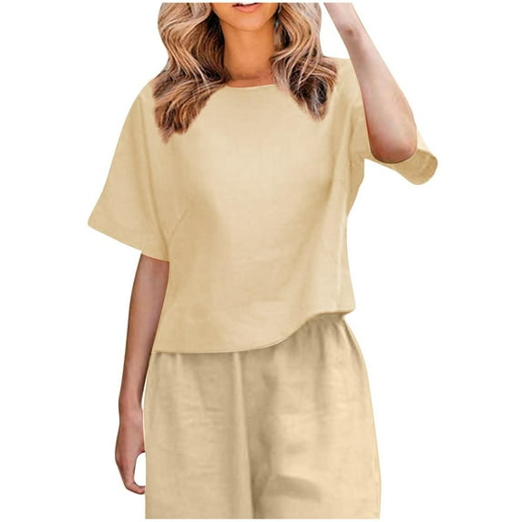 cfhntfmh Cotton Linen Tops for Women Half Sleeve/Sleeveless Lounge T-Shirts Round Neck Summer Beach Loose Shirts