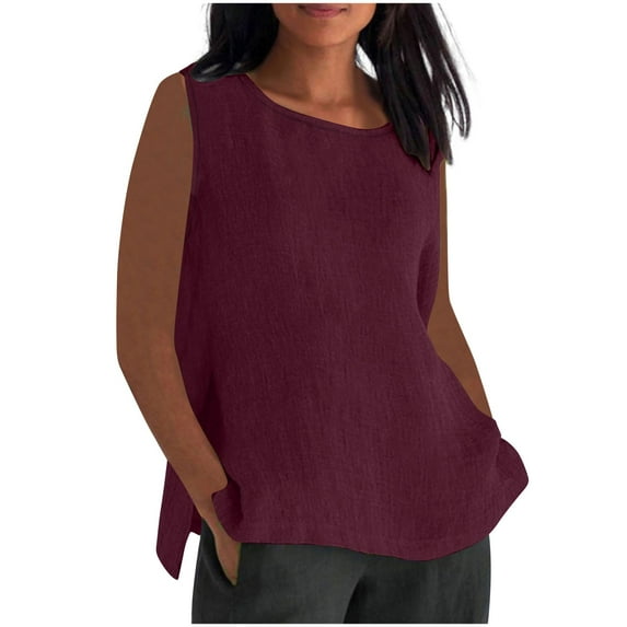 cfhntfmh Cotton Linen Tops for Women Lounge Oversized Crewneck Sleeveless Tank Shirts Summer Flowy Side Slit Blouses