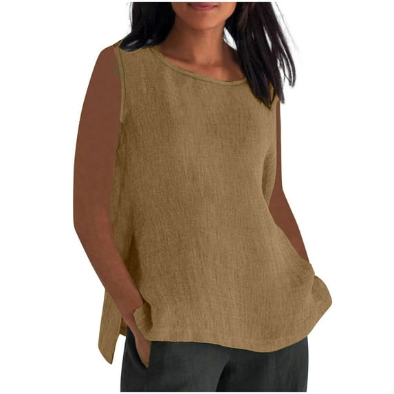 cfhntfmh Cotton Linen Tops for Women Lounge Oversized Crewneck Sleeveless Tank Shirts Summer Flowy Side Slit Blouses