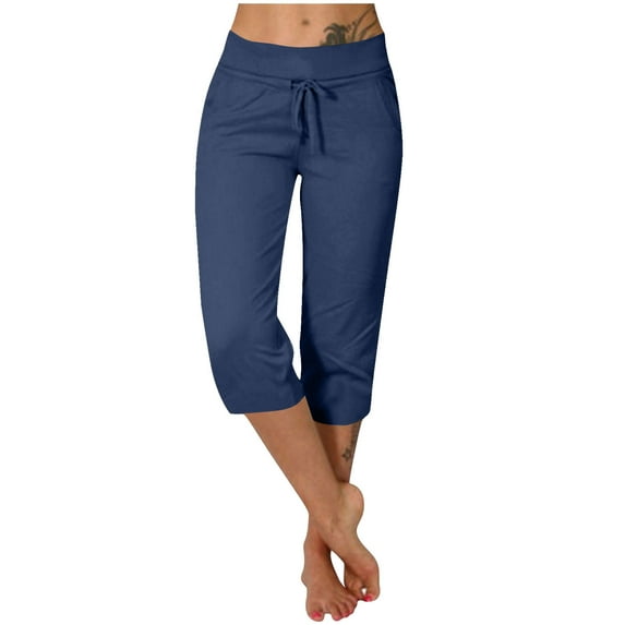 cfhntfmh Crop Pants for Women Summer Comfy Elastic Low Waisted Drawstring Jogger Pants Casual Capri Pajama Pants with Pockets