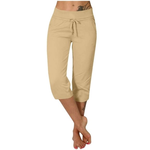 cfhntfmh Crop Pants for Women Summer Comfy Elastic Low Waisted Drawstring Jogger Pants Casual Capri Pajama Pants with Pockets