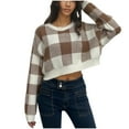 thumbnail image 1 of cfhntfmh Cropped Sweaters for Women Soft Round Neck Long Sleeve Pullover Tops Fashion Plaid Printed Knitted Shirts, 1 of 3