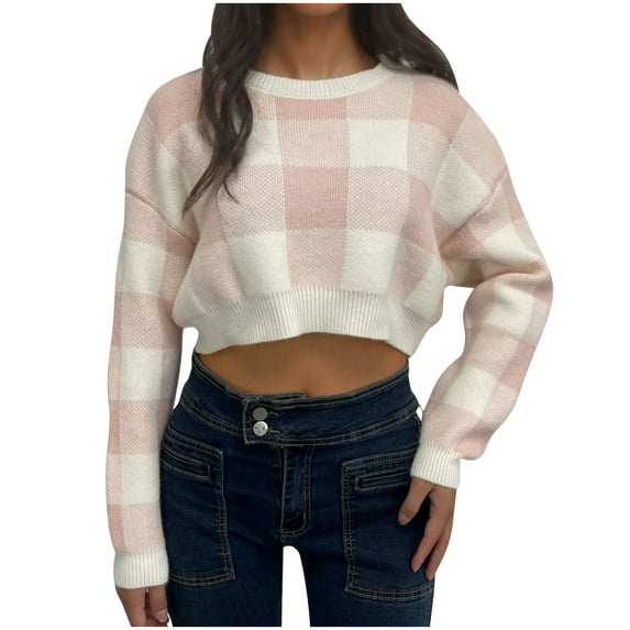 cfhntfmh Cropped Sweaters for Women Soft Round Neck Long Sleeve Pullover Tops Fashion Plaid Printed Knitted Shirts