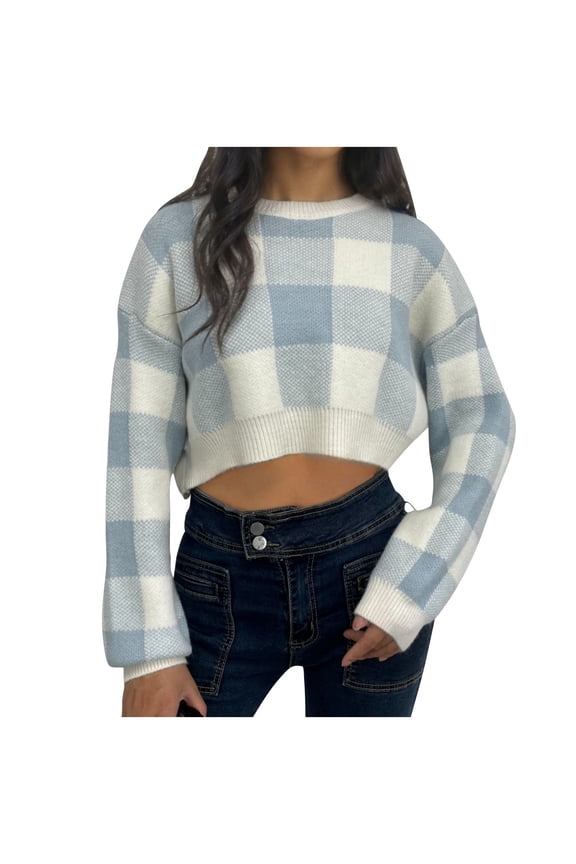 Cropped Sweaters for Women Soft Round Neck Long Sleeve Pullover Tops Fashion Plaid Printed Knitted Shirts