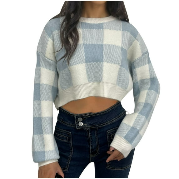 cfhntfmh Cropped Sweaters for Women Soft Round Neck Long Sleeve Pullover Tops Fashion Plaid Printed Knitted Shirts