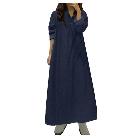 cfhntfmh Denim Dresses for Women Fashion V Neck Buttons Jeans Dress Fall Soft Stretch Long Sleeve Flowy Dress