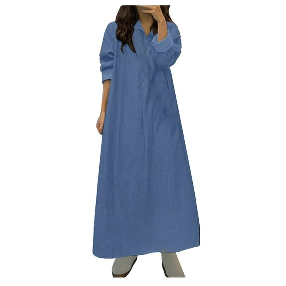cfhntfmh Denim Dresses for Women Fashion V Neck Buttons Jeans Dress Fall Soft Stretch Long Sleeve Flowy Dress
