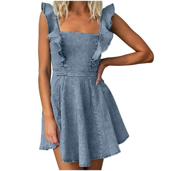 cfhntfmh Denim Dresses for Women Ruffle Cap Sleeve Square Neck Stretchy Mini Dress Summer Trendy Babydoll Jean Dress