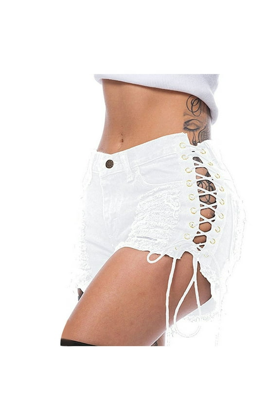 Denim Shorts for Women Trendy Low Waist Ripped Jeans Frayed Side Lace up Clubwear Mini Hot Pants with Pockets