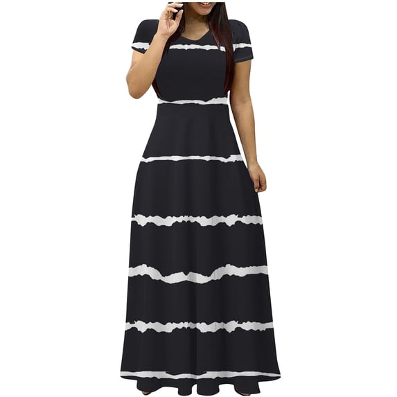 cfhntfmh Dress for Women Summer Short Sleeve Lounge Tunic Dress Classic Print Round Neck Comfy Maxi Dress