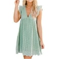 thumbnail image 1 of cfhntfmh Dresses for Women Trendy Ruffle Cap Sleeve Deep V Neck T-Shirts Dress Flowy Hollow out Pocketed Mini Dresses, 1 of 5