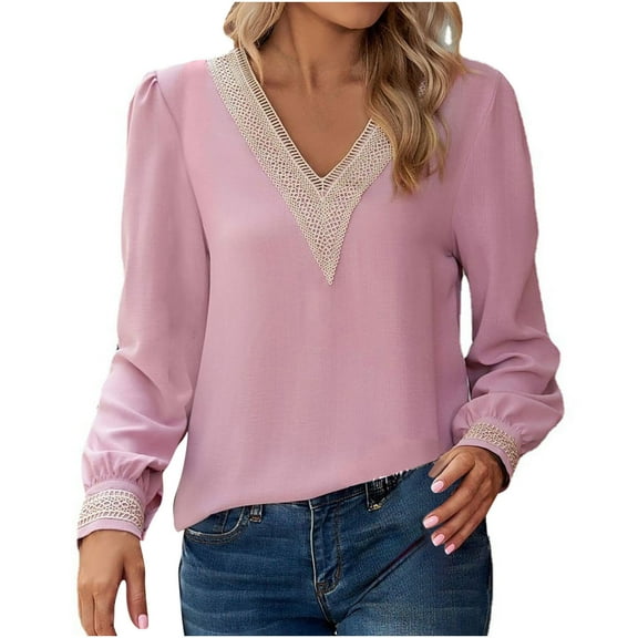 cfhntfmh Dressy Casual Shirts for Women Trendy Lace V Neck Basic Blouses Comfy Long Sleeve Embroidery Going out Tops