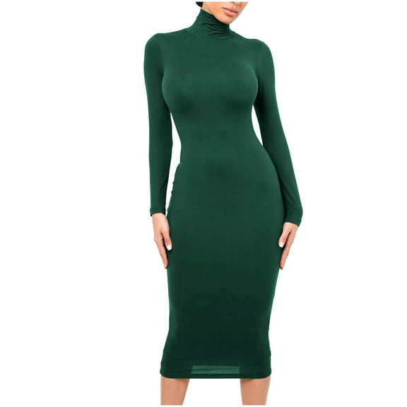 cfhntfmh Fall Dresses for Women Casual Turtleneck Long Sleeve Midi Dress Slim Stretch Party Bodycon Pencil Dress