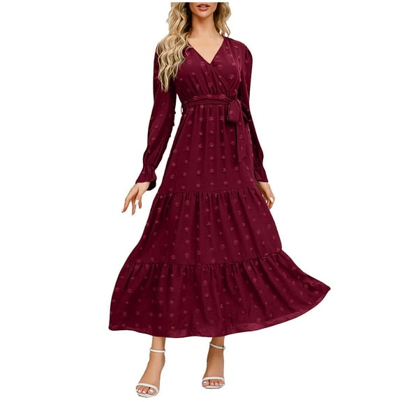 cfhntfmh Fall Dresses for Women Long Sleeve V Neck Long Maxi Dress Elegant Flowy Tiered Ruffle Hem A-Line Dress