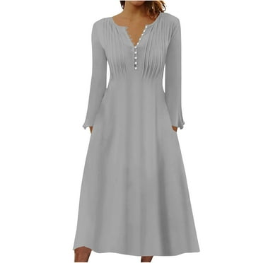 cfhntfmh Fall Dresses for Women Soft V Neck Buttons Long Sleeve Midi Dress Casual Flowy Pleated A-Line Dress with Pockets