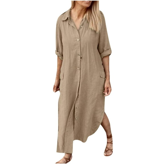 cfhntfmh Fall Dresses for Women Casual Lapel Neck Buttons down Shirts Dress Flowy Long Sleeve Side Slit Cotton Linen Dress