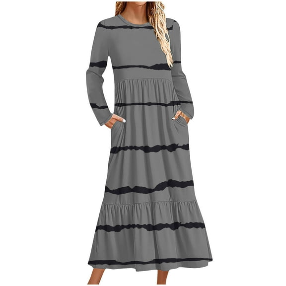 cfhntfmh Fall Dresses for Women Long Sleeve Casual Pleated Crewneck Maxi Dress Loose Stripe Printed Dress with Pockets