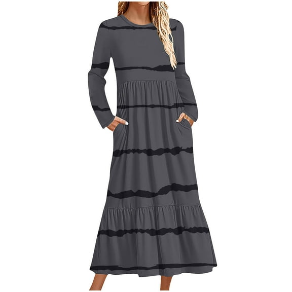 cfhntfmh Fall Dresses for Women Long Sleeve Casual Pleated Crewneck Maxi Dress Loose Stripe Printed Dress with Pockets