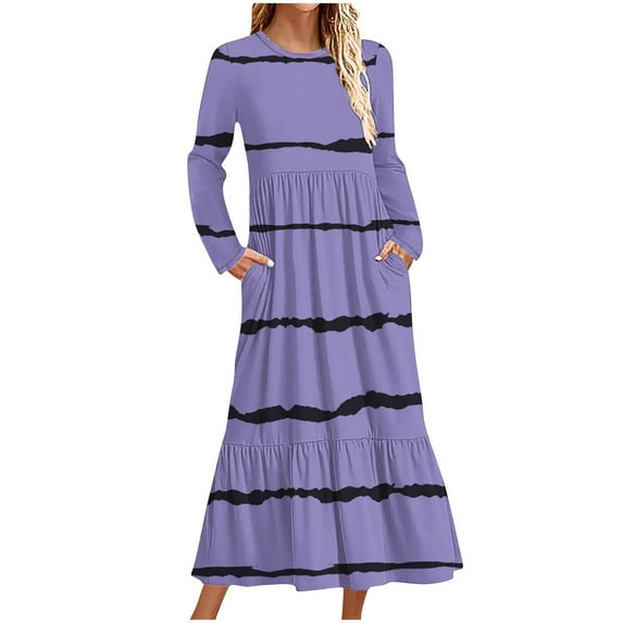cfhntfmh Fall Dresses for Women Long Sleeve Casual Pleated Crewneck Maxi Dress Loose Stripe Printed Dress with Pockets
