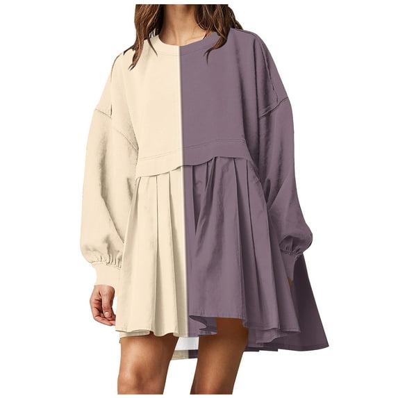 cfhntfmh Fall Dresses for Women Trendy Color Block Long Sleeve Mini Dress Flowy Crewneck Pleated T-Shirts Dress
