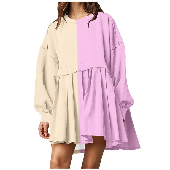 cfhntfmh Fall Dresses for Women Trendy Color Block Long Sleeve Mini Dress Flowy Crewneck Pleated T-Shirts Dress