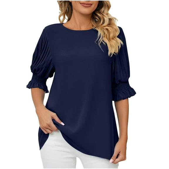 cfhntfmh Fall Fashion Shirts for Women Fashion Half Sleeve Smocked Tunic Tops Soft Chiffon Ruffle Dressy Casual T-Shirts